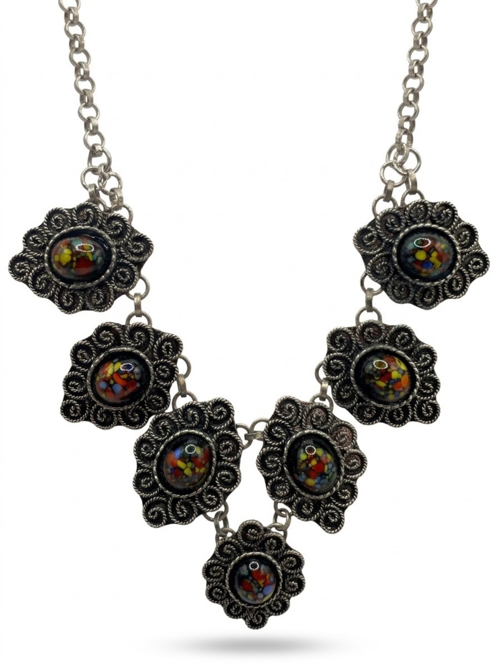 Vintage Silver Tone Filigree Confetti Glass Statement Bib Necklace